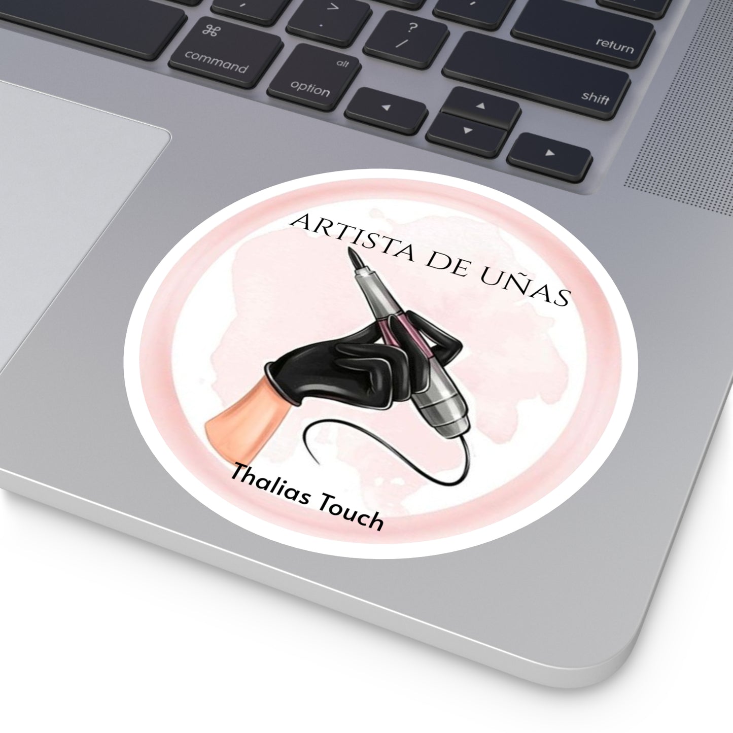 Sticker Redondo, Mano de Técnica, Rosa y Blanco, Artista de Uñas