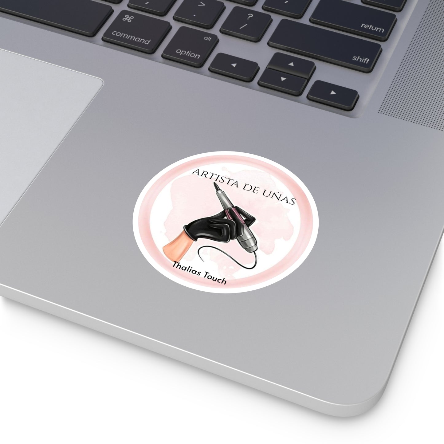 Sticker Redondo, Mano de Técnica, Rosa y Blanco, Artista de Uñas