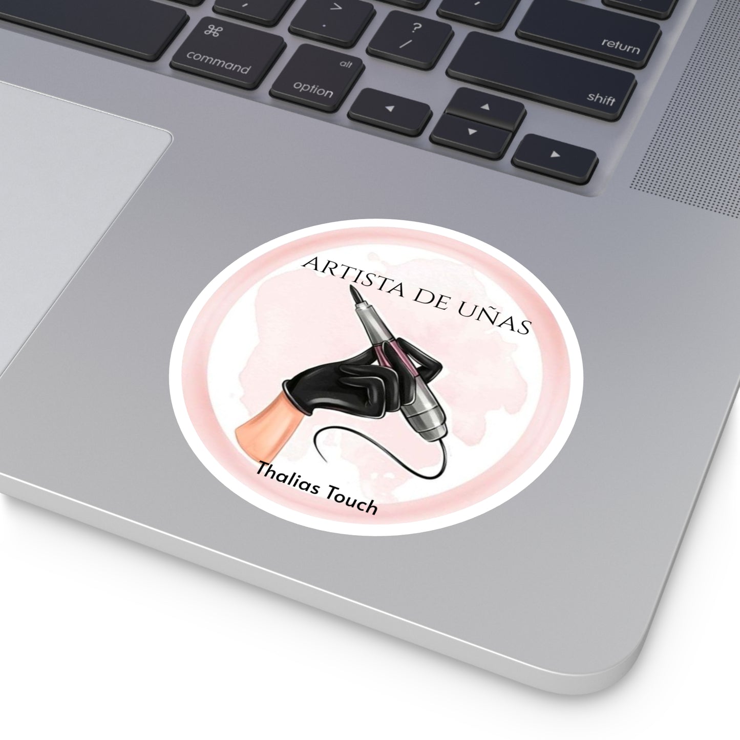 Sticker Redondo, Mano de Técnica, Rosa y Blanco, Artista de Uñas