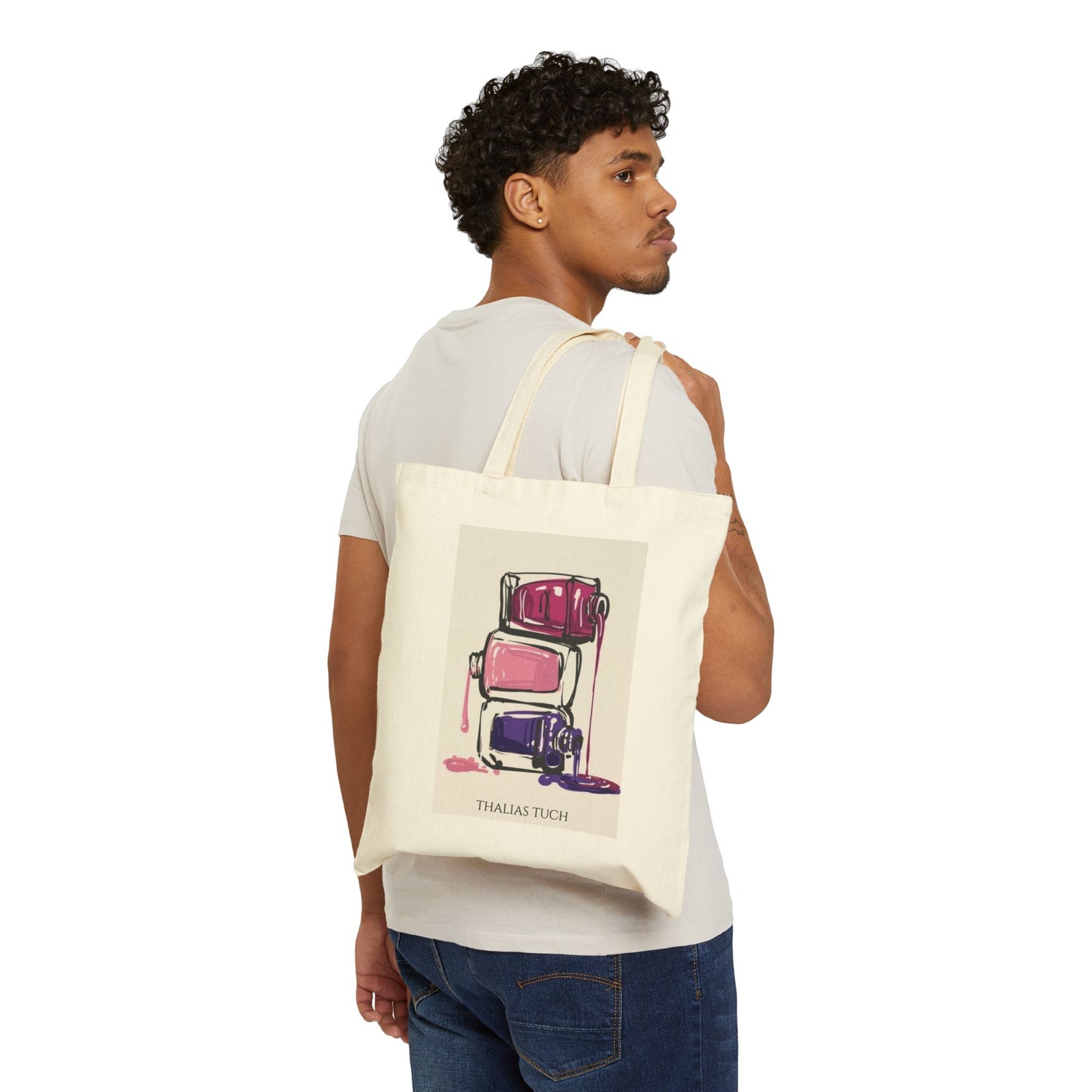 Tote Bag, Color Crema, 100% algodón, Tres botellas de esmaltes derramadas