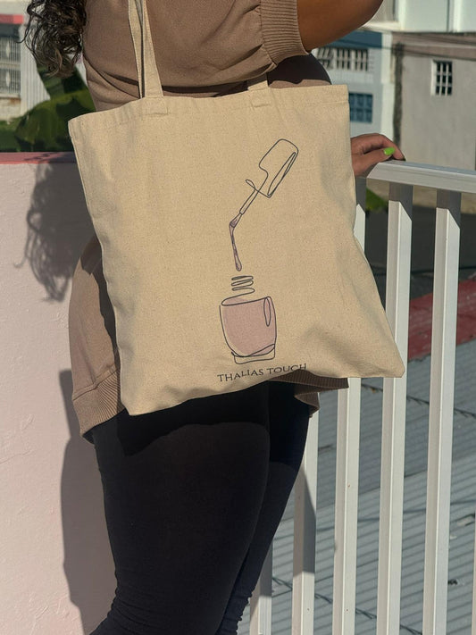 Tote Bag, color crema, 100% algodón, Botella de esmalte demarrada color violeta