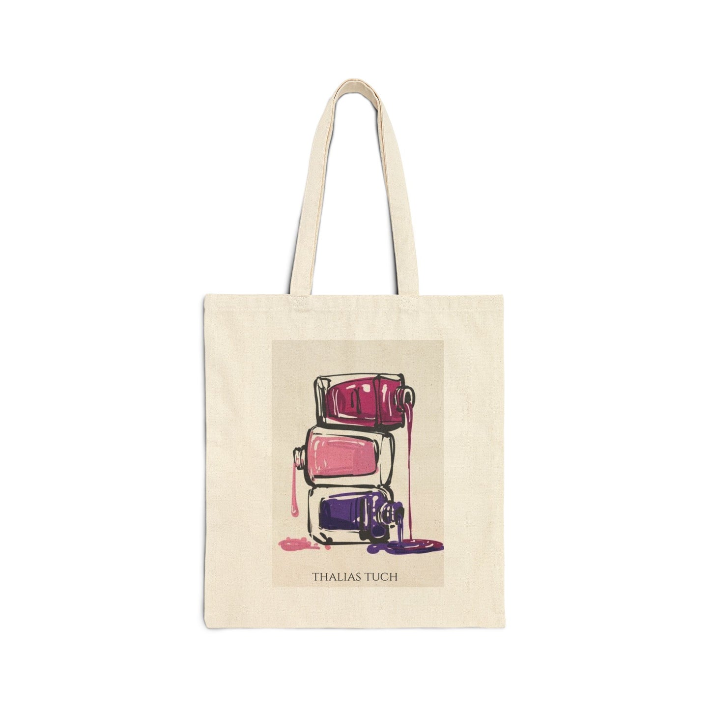 Tote Bag, Color Crema, 100% algodón, Tres botellas de esmaltes derramadas