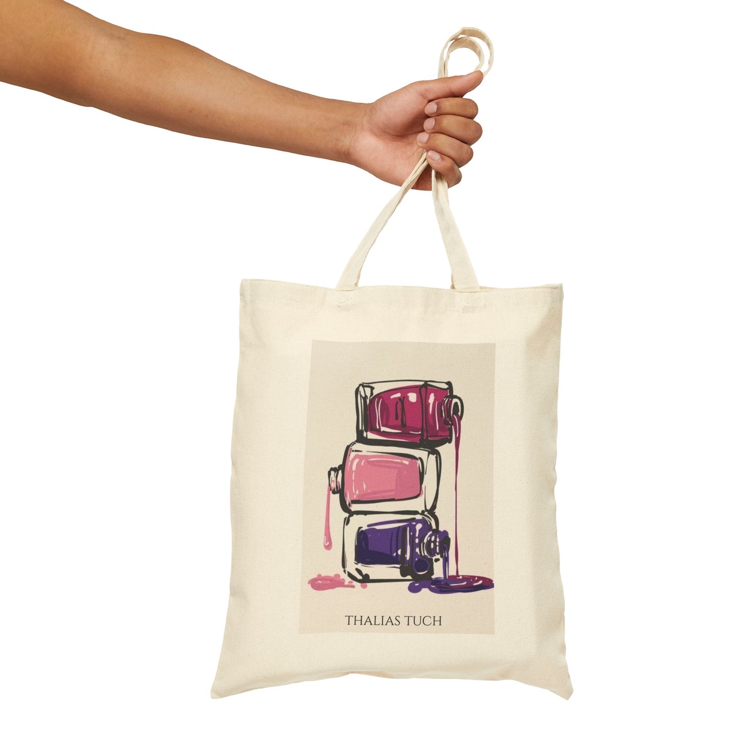 Tote Bag, Color Crema, 100% algodón, Tres botellas de esmaltes derramadas