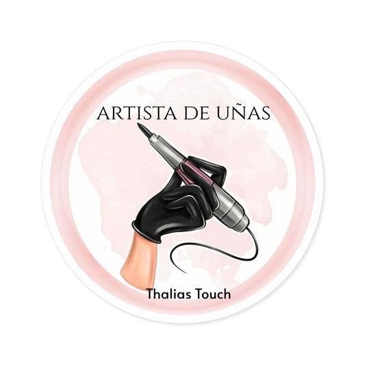 Sticker Redondo, Mano de Técnica, Rosa y Blanco, Artista de Uñas